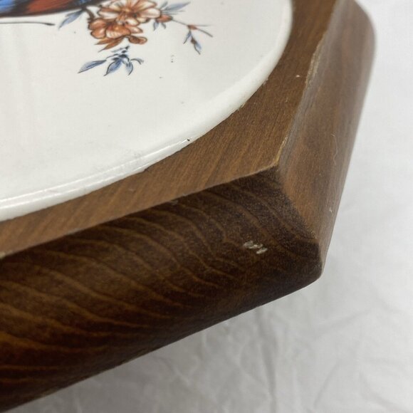 Vtg Wall Plaque Tile Trivet Butterfly Blue Brown Flowering Branch Wood Octagon - Picture 9 of 11